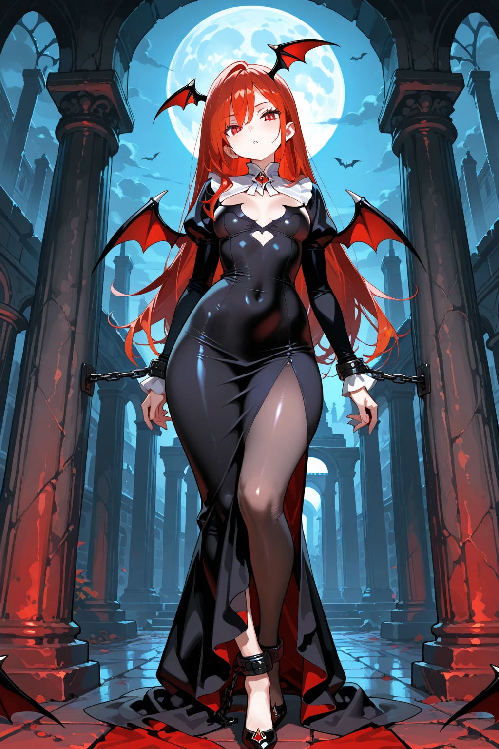girl,Vampire Succubus,noble,Long legs,Red Purple Claw,The thin horns on the forehead,Slender red high heels,Red snake eyes,Pointed ears,Plump breasts,Solitary,Black long hair,Waist-length hair,Black and red long dress(Dark),Vampire Fangs,Seductive and charming face,Dark Bloodthirst,catwalk,Slender bat wings on the back,Open your mouth,Elegant,Keep,Inside the Palace,Succubus pattern on forehead,Malicious laughter,Black purple slender succubus tail