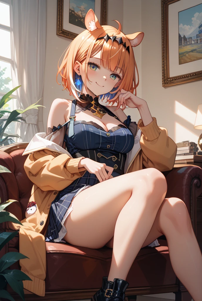 (masterpiece)(8k)(cute)(facial close-up)(from above) a 18-year old girl, white apron, sitting on chair, leg hanging over armchair, orange hair, short hair,  wild messy hair, flat chest, white bandana, choker necklace, (visible panties:1.3), e-girl, gamer, punk, lime green pupils, eyeliner, seductive smile, piercings, horny,  (glossy lips:1.2), shiny lips, eyeshadow, night, modern architecture, rossdraws pastel, digital wallpaper art, anime 8k style, blurry background