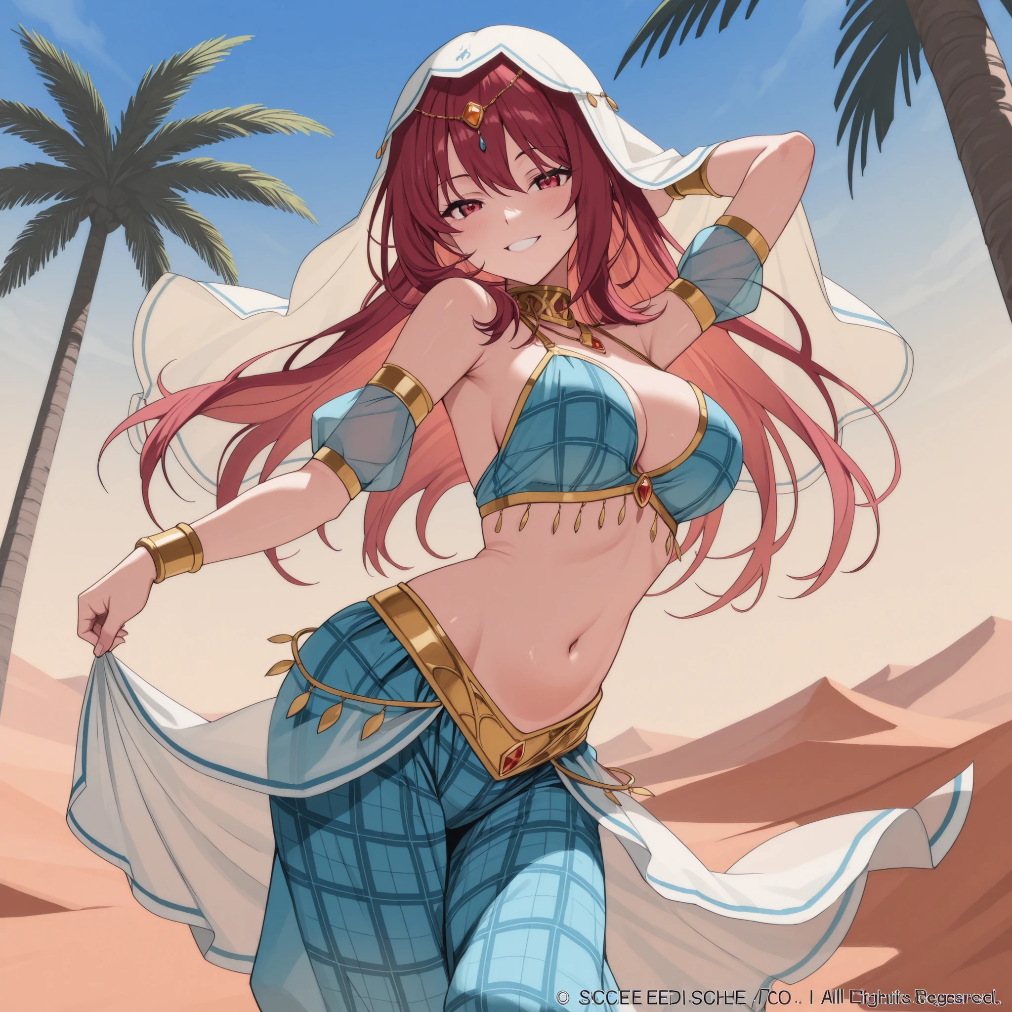 1girl:1 . 5) , (Seul:1 . 5) , score_9 , score_8_haut , score_7_haut , source_anime , Official work , ultra-detailed , masterpiece , best quality plaid shorts , high res , beaux yeux , detailed eyes , Detailed Face , beautiful detailed eyes , Classroom of the elite,Karuisawa Kei, Arabian Dancer ,belly dancer costume , veil , golden jewelery,harem outfit, harem skirt, harem pants, belly dancing, harem veil , desert landscapse, palm tree , seductive smile, dancing with veil, dynamic movement, sexy pose