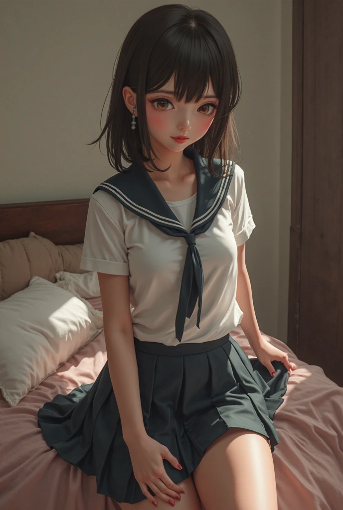 Sleeping Girl, 20 years old, Realistic,Minnie Mouse Cosplay,Open legs, Expressions of satisfaction and relief, Brown hair. Pink bed theme and some cute stuffed animals on the bed,An ultra-high picture quality,high-detail,Navy blue sailor skirt,