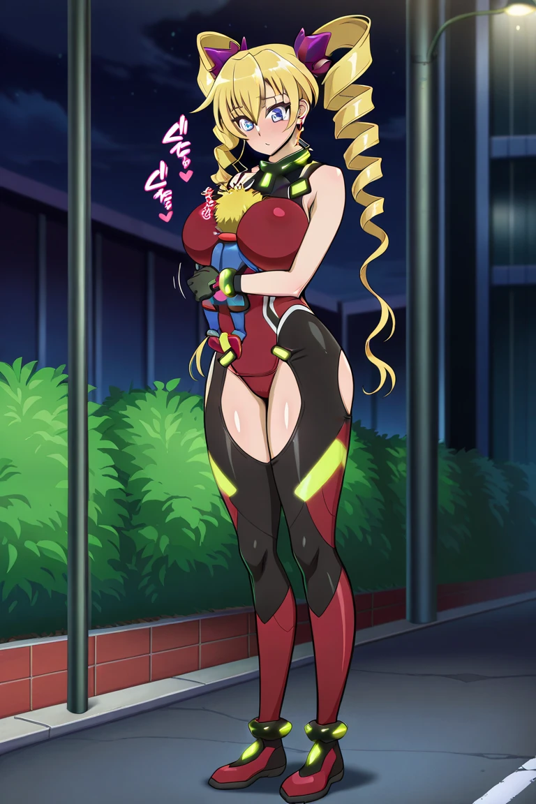 (Perfect body),((Tabletop, highest quality, High resolution, nsfw, Pixel perfect))、Anime Screen Capture、((Muscular))、((blush))、1 girl,(((Embarrassing、:d))),(((Huge breasts、Swollen nipples)))、((((Thick thighs、Big Ass、Wide Hips))))、((Blonde Hair))、(((Drill perm、Long Hair)))、(((Red sci-fi suit、Open-chested clothing、Ruffled leotard、White knee socks))、Cyborg Armor、(((Green Eyes)))、Building roof、Noble、((Lady))、