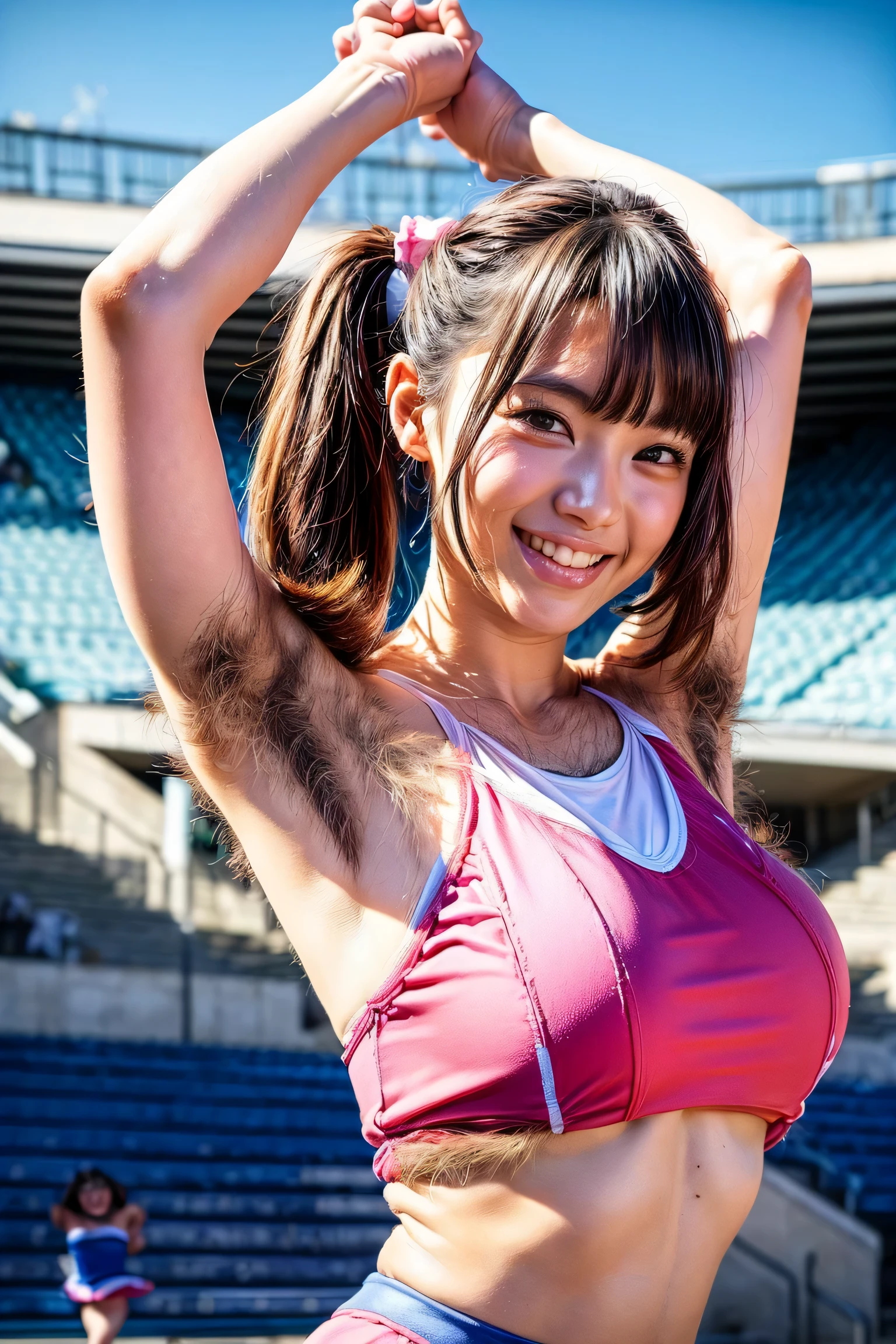 sharp focus,ultra detailed,black medium hair,(face focus,upperbody,close up:1.3),(saggy and gigantic breasts:1.4),(logo printed white cheer uniform),(armpit hair),happy, cute japanese woman,(curvy female:1.2),happy smile,tanned skin,cheer poms,cheerleading,cheer poms,