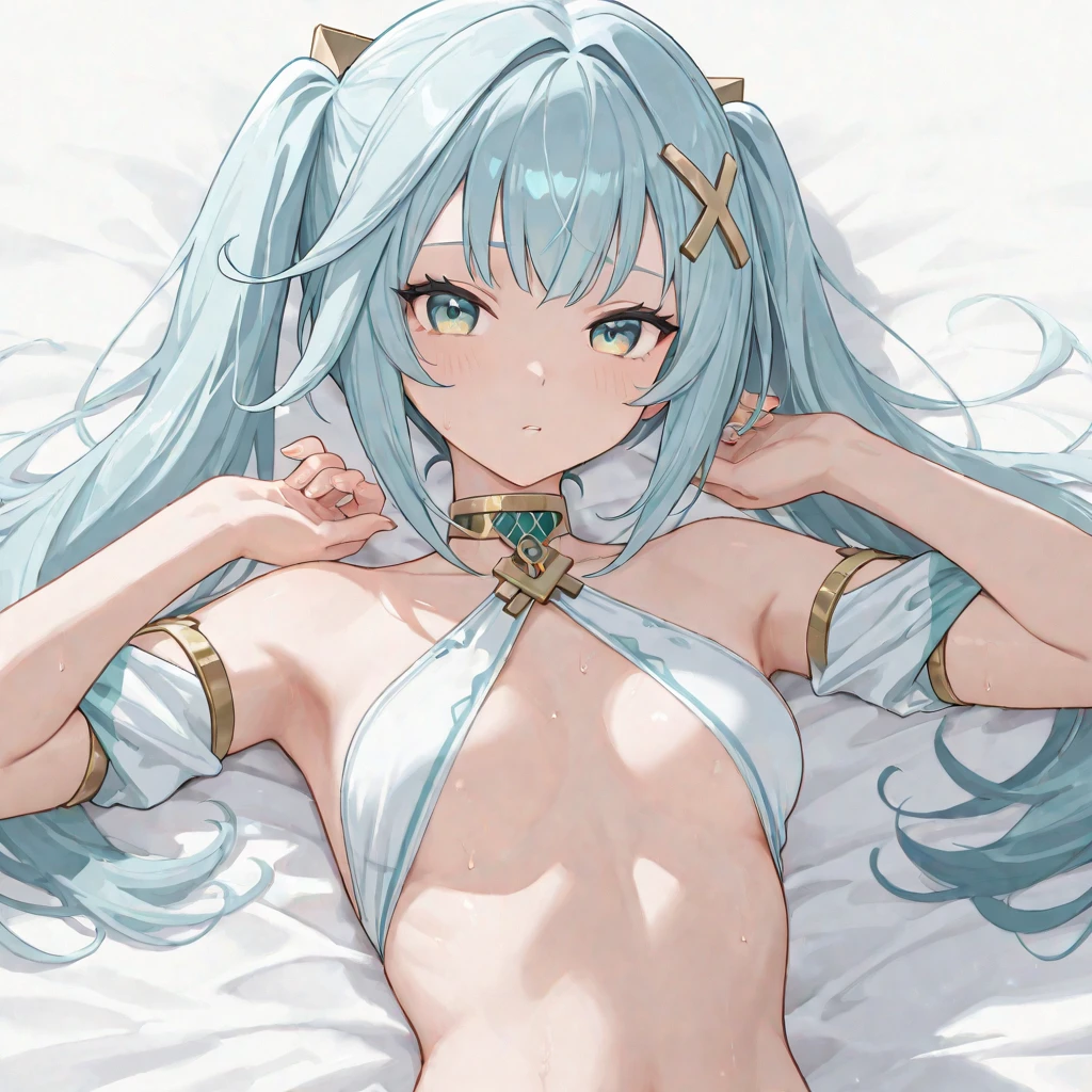solo, 1girl, big breasts, hair ornament, green hair, twintails, long hair, (white bra), (white panties), white kneehighs, white thighhighs, mound of venus, underboob, cameltoe, armpits, shy, blush, full of sweat, Wearing sweat, closed eyes, open mouth, wet, sweat, ((lie on bed)), on bed, bedroom, tousled bedsheet, hight resolution, top-quality, ultra-quality, The ultra-detailliert, extremely details CG, detailed portrait, beautiful detailed eyes, delicate skin texture, slight makeup, teary eyes, subtle blush on cheeks, overwhelmed emotions, gentle sweat droplets on forehead, lighting like a movie, vibrant colors, high contrast, intimate lighting, soft lighting