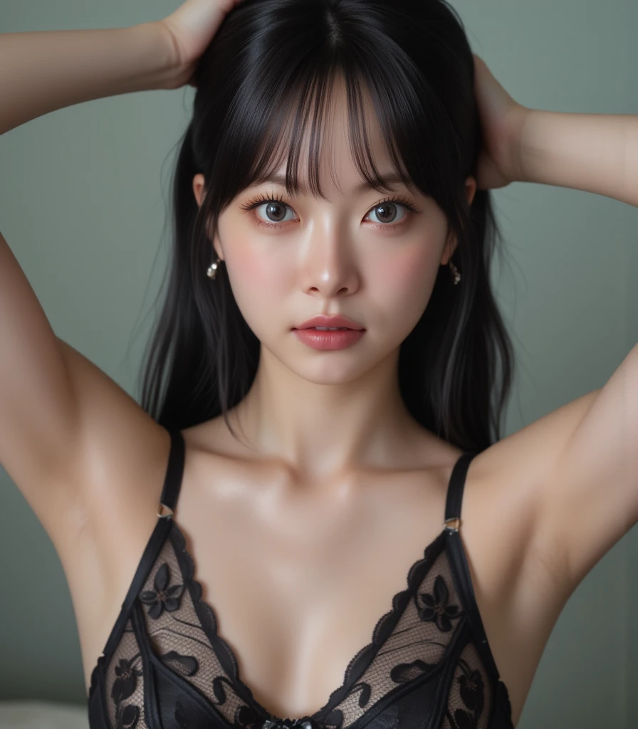 (highest quality, 8k, 32k), masterpiece,(ultra high resolution,realistic:1.4,RAW photo), (Super detailed,caustics),sexy pictures,1girl, big breasts, big breasts, Japanese, black hair, bangs, long hair (long hair: 1.4), Beautiful eyes in detail, long eyelashes, narrow eyes, elongated eye shape, Three white eyes, with an evil smile, She is taking pictures wearing cat ears and black lace lingerie., wearing sexy lingerie, sheer black lingerie, canon eos 5 d mark ivで撮影, ゴージャスなJapaneseモデル, black lace, lace underwear, Lacy mischievous smile, NSFW,
