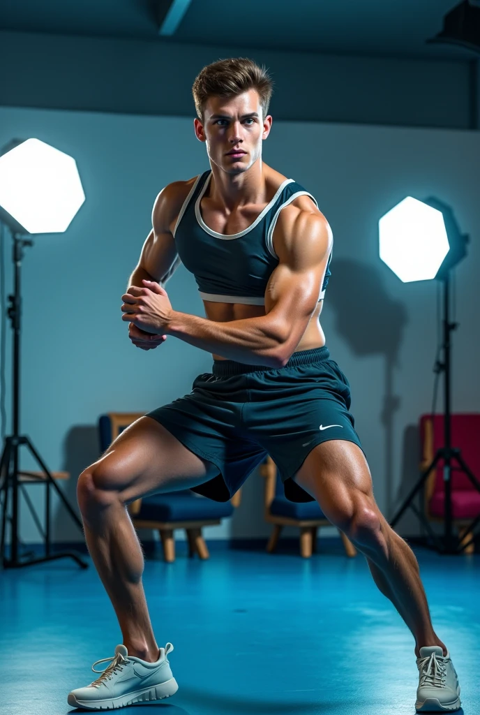 male, 20-year-old boy, Handsome,Salty face,actor,Mashed hairstyle,Iris, Slickback, Sleeveless clothing, Full body photo, Looking at the camera, building, Tank top showing muscles,dance,High resolution, masterpiece, Highest quality, Very detailed, Ultra high definition, Textured skin,