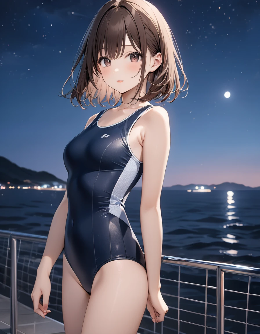 ((masterpiece)), (best quality), official art,
1girl, haibara ai, blue eyes, brown hair, short hair, school swimsuit, tight navy swimsuit, pool, small breasts,
from side, moon, night,
<lora:Haibara Ai_20230823111404:0.6>,
