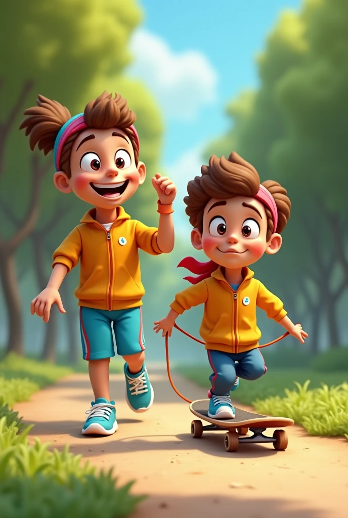 Menino de cabelo raspado vermelho correndo de casa estilo disney