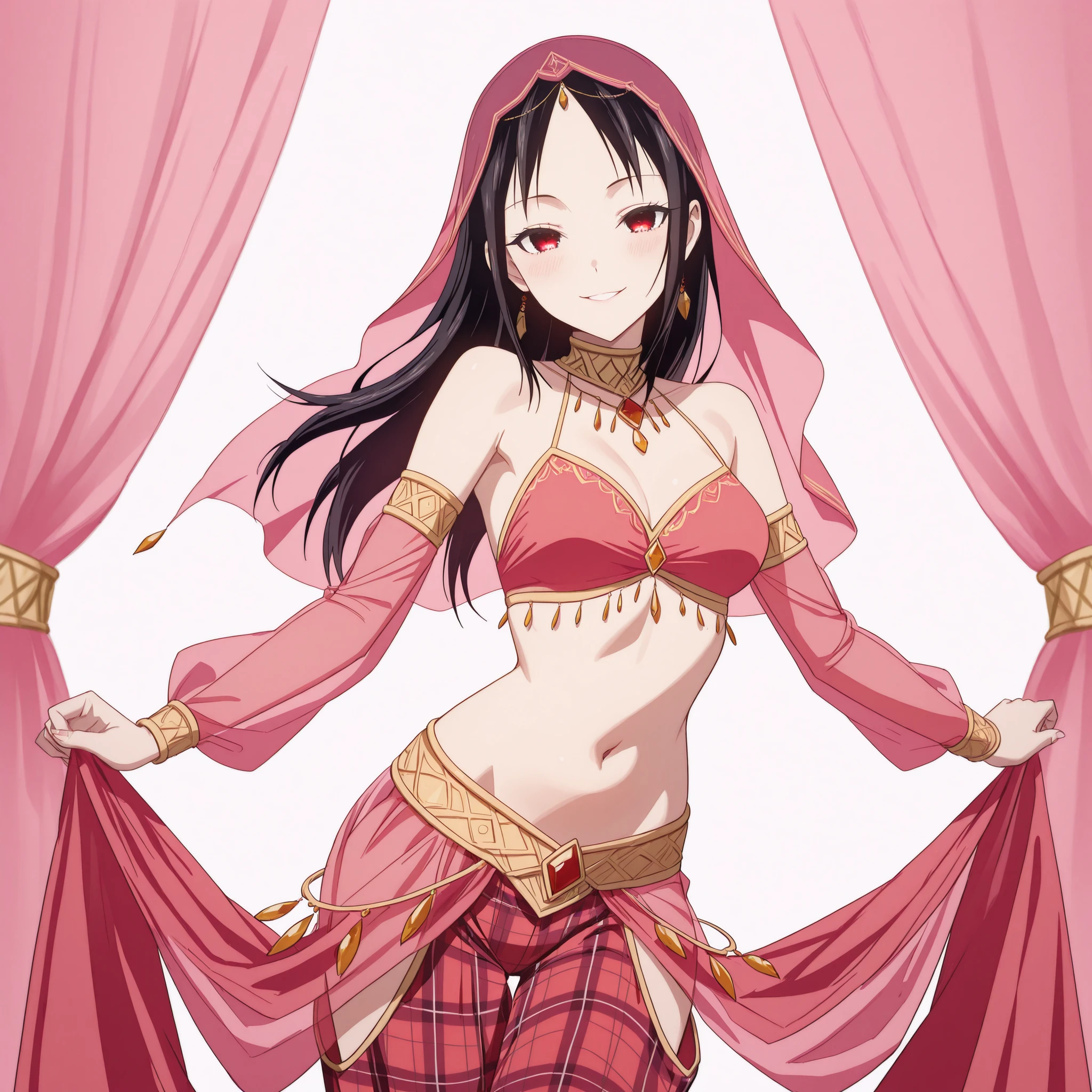 1girl:1 . 5) , (Seul:1 . 5) , score_9 , score_8_haut , score_7_haut , source_anime , Official work  , ultra-detailed , masterpiece , best quality plaid shorts , high res , beaux yeux , detailed eyes , Detailed Face , beautiful detailed eyes ,Kaguya-sama Love is War, Shinomiya Kaguya, Arabian Dancer ,belly dancer costume , veil , golden jewelery,harem outfit, harem skirt, harem pants, belly dancing, harem veil , arabian garden , seductive smile, dancing with veil, dynamic movement, sexy pose