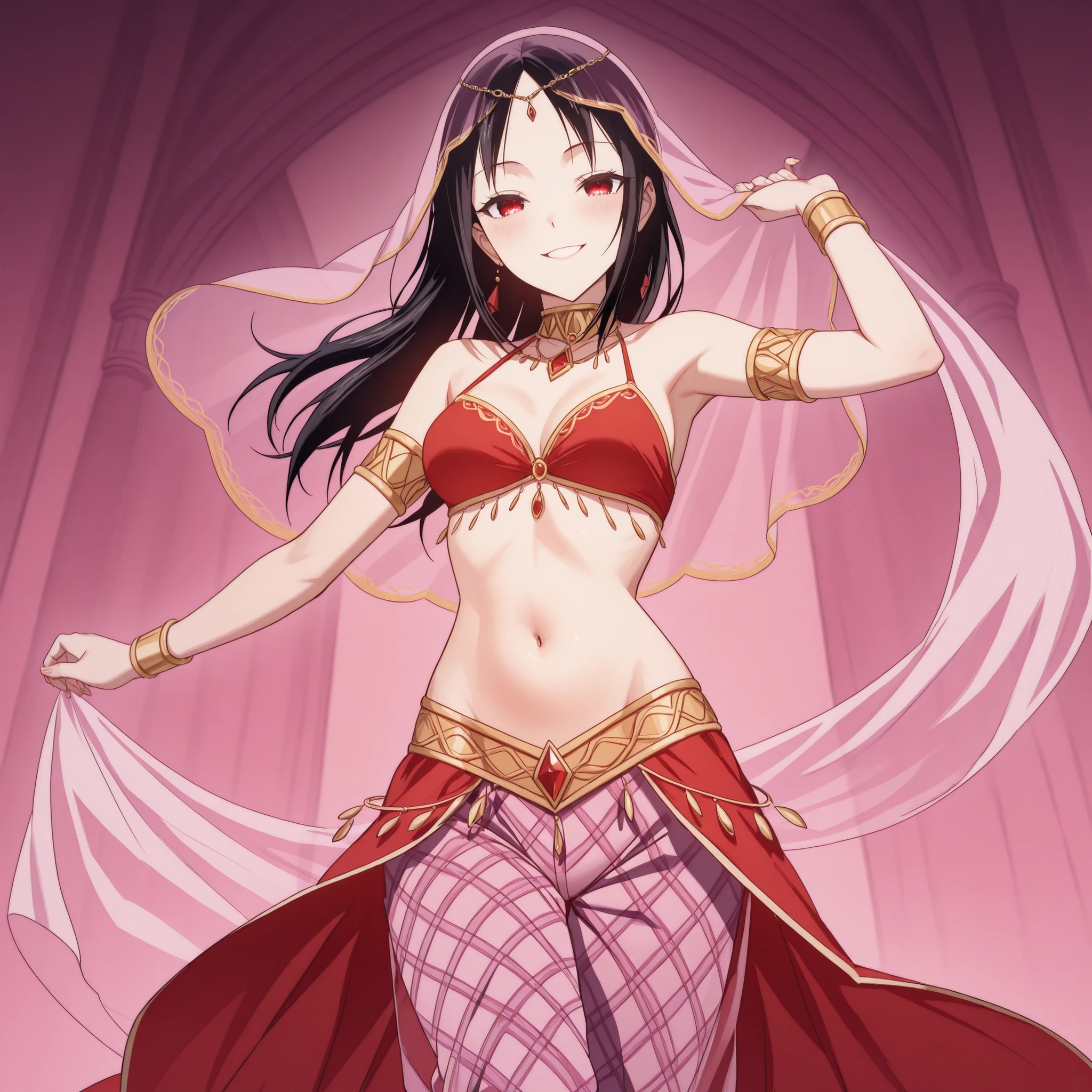 1girl:1 . 5) , (Seul:1 . 5) , score_9 , score_8_haut , score_7_haut , source_anime , Official work , ultra-detailed , masterpiece , best quality plaid shorts , high res , beaux yeux , detailed eyes , Detailed Face , beautiful detailed eyes ,Kaguya-sama Love is War, Shinomiya Kaguya, Arabian Dancer ,belly dancer costume , veil , golden jewelery,harem outfit, harem skirt, harem pants, belly dancing, harem veil , arabian garden , seductive smile, dancing with veil, dynamic movement, sexy pose