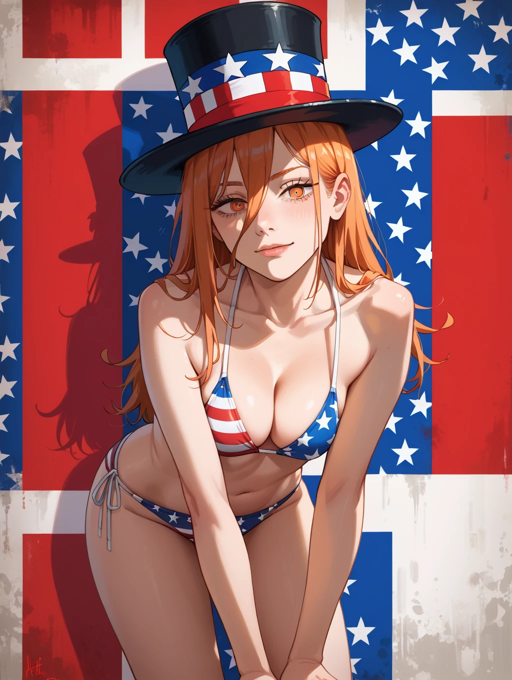 best quality, masterpiece, super high resolution, perfect anatomy, 1girl, red hair, long hair, hair between eyes, messy hair, ahoge, silver eyes, small breasts, chestnut mouth, freackles, pale skin, 23 years old, incredibly absurdres, american flag bikini, Denim shorts, scarf, baseball cap,