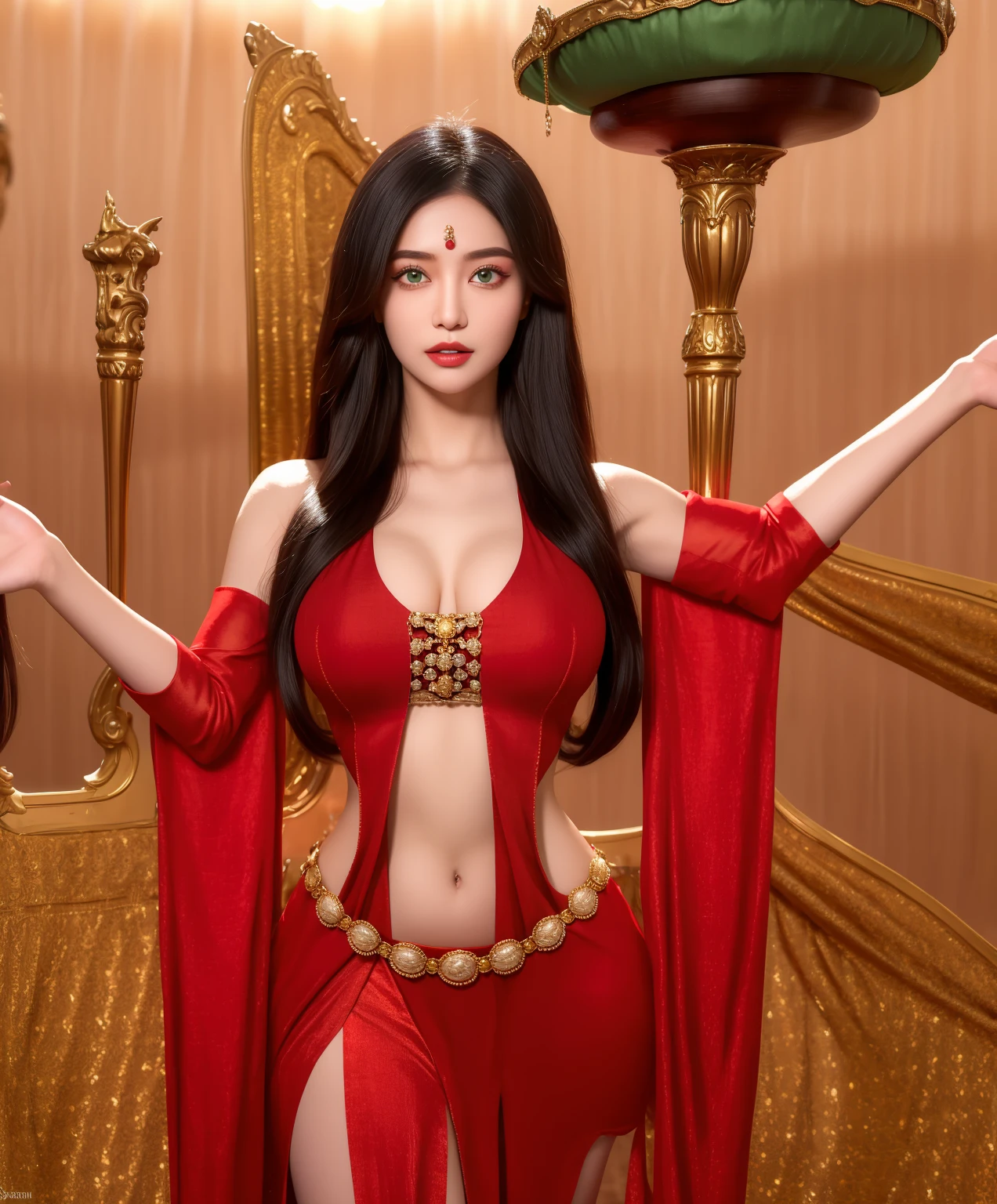 ((highest quality)), ((masterpiece)), (detailed), Perfect Face, Create an AI-generated illustration of Boa Hancock from One Piece, capturing her as the epitome of beauty and power. She should be depicted with her signature long, black hair flowing elegantly, framing her commanding yet alluring face. Her eyes should be large, with a captivating gaze, and her lips slightly curved in a confident smirk. Hancock should be wearing her iconic red and gold Empress outfit, which perfectly accentuates her statuesque figure and the Snake Princess motif. The background should subtly hint at her status as the ruler of Amazon Lily, with elements that reflect her powerful Love-Love Fruit abilities. Ensure that her posture is regal, with a hand on her hip, embodying her pride and strength as the most beautiful woman in the One Piece world. Her overall aura should radiate the perfect blend of majesty, seduction, and might, making it clear why she's both feared and adored