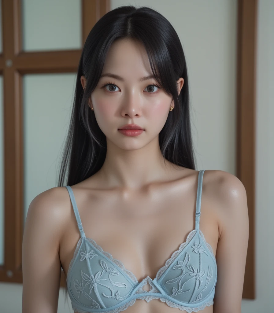 20 year old girl, sexy model, blue theme, long hair, high contrast (Natural skin texture, Hyperrealism, Soft Light, sharp), portrait, standing, kpop