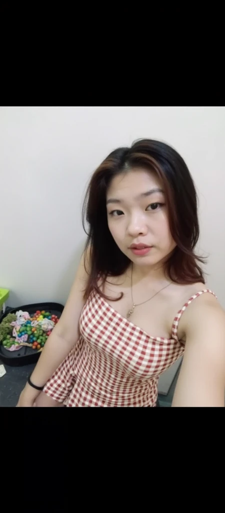 a cute girl with highly detailed eyes and face, realistic face, long brunette hair with bangs, medium chest, small waist, beautiful thighs, nude, whole body portrait, (best quality,4k,8k,highres,masterpiece:1.2),ultra-detailed,(realistic,photorealistic,photo-realistic:1.37), photography, cinematic lighting, warm colors, intricate details, dynamic pose