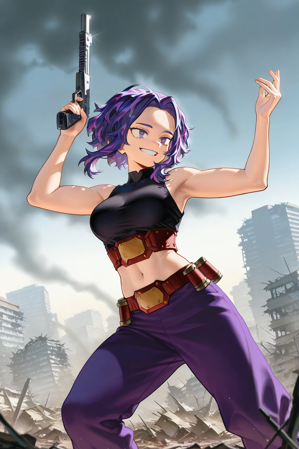 scan, (extremely detailed CG unity 8k wallpaper:1.1), highres, (1girl), lady nagant, boku no hero academia, (purple hair), (multicolored hair), (purple eyes), black dress, sleeveless, breasts, belt