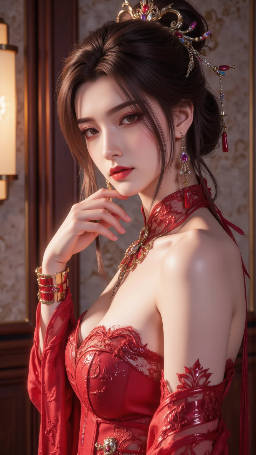 (best quality, Masterpiece, perfect face, details simmetric eyes), dark red hair, European girl, 25 years old, Flirtatious smile with POV, With traditional Japanese gold&red kimono, (sexy pose :1.2) ultra details kimono textures, high contrast, (natural skin texture, Surreal, soft light, sharp), nighttime, Kyoto, run:1.3), Dark theme, soothing color tones, muted colors, high contrast, (natural skin texture, Surreal, soft light, sharp), HDR, Stunning light, (sexy :1.5), (charming :1.2) ,(Random view :1.2) high contrast, photorealistic digital art trending on Artstation 8k HD high definition details realistic, details, skin texture, hyperdetails, realistic skin texture, armor, best quality, Ultra high resolution, (big breasts: 1.4)