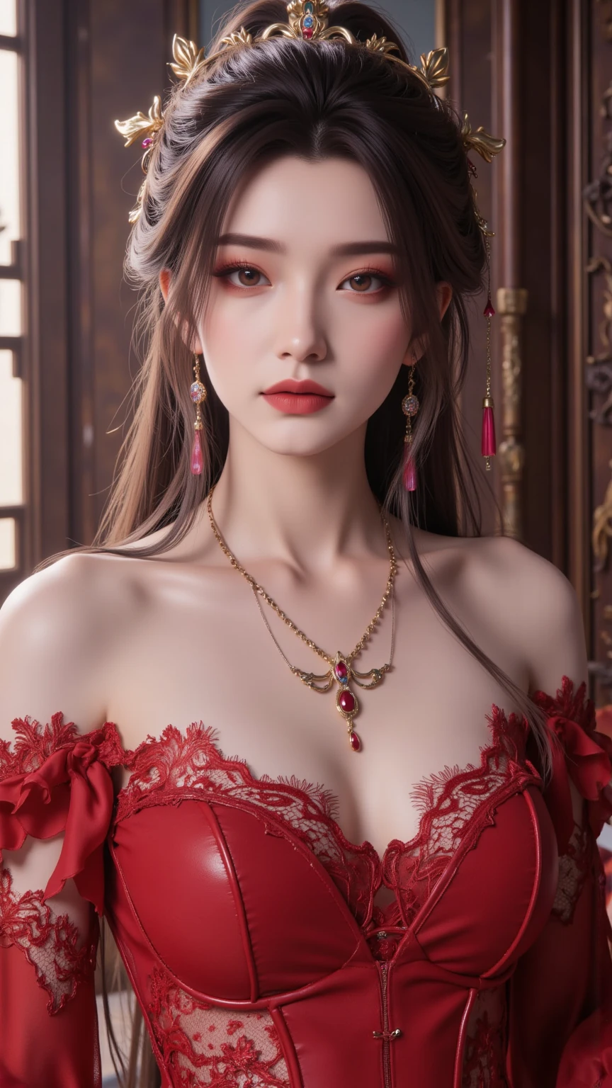Best Works，Super High quality work，4K:2.0，Ultra HD，8K HD CG production，High-quality graphics，3D HD CG photos，Ultra-high resolution，Ultra-delicate：1.1，technical details：1.1，室内灯Lighting Effects果：1.1，Natural Dimming，Lighting Effects，Ultra-high resolution large files，Fashion Clothing Photos，Exquisite and sexy girl，A mature and sexy girl，Mixed race beauty，Temperamental type goddess，Carefully crafted hair,Beautiful eyebrows and eyelashes，big eyes，Pale red eyes，Sexy red lips，Perfect Lip Shape，Clear skin texture，Hydrated skin（Advanced facial details：1.1）The face of a perfect goddess，Perfect body shape，Top supermodel，Devil figure，Hip lift，Very thin waist， (Bright blood red evening dress)，Scarves，Lace, Wearing Jewelry，earrings，necklace，bracelet，Costume Art Photos，High quality work