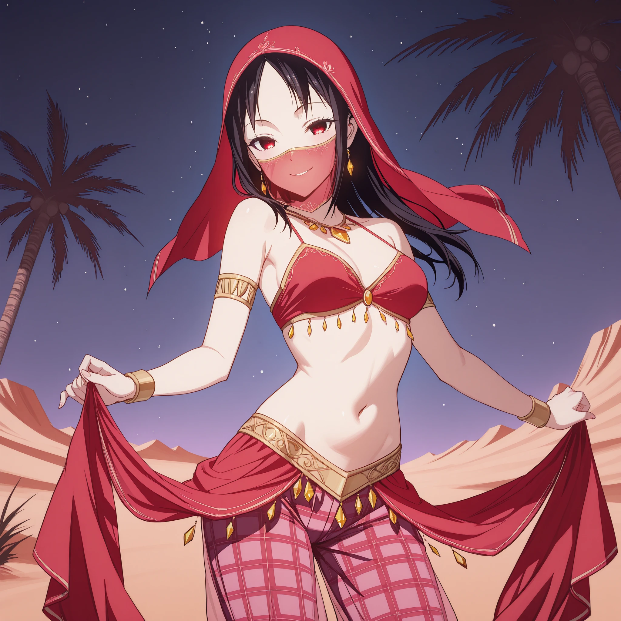 1girl:1 . 5) , (Seul:1 . 5) , score_9 , score_8_haut , score_7_haut , source_anime , Official work , ultra-detailed , masterpiece , best quality plaid shorts , high res , beaux yeux , detailed eyes , Detailed Face , beautiful detailed eyes ,Kaguya-sama Love is War, Shinomiya Kaguya, Arabian Dancer ,belly dancer costume , face veil, veil , golden jewelery,harem outfit, harem skirt, harem pants, belly dancing, harem veil , night , desert landscapse, palm tree , seductive smile, dancing with veil, dynamic movement, sexy pose