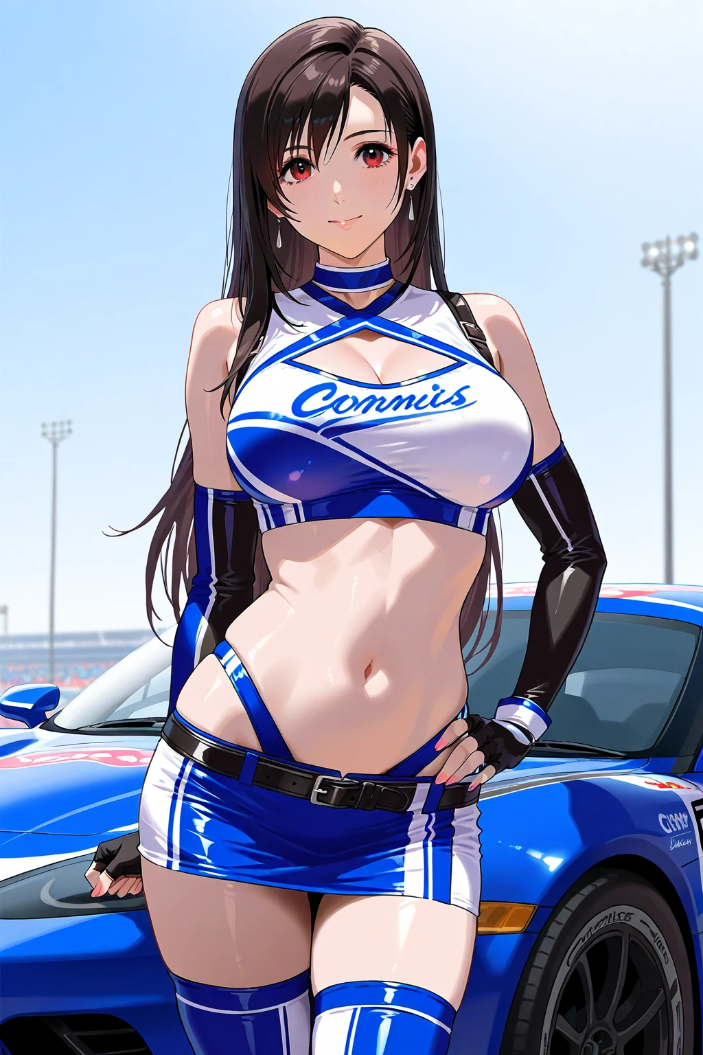 (Best Quality, Masterpiece:1.2), (detailed woman), 1girl, solo, Taiwanese woman, long black hair, With bangs,1 female in, 28 yo, Beautiful face, glossy lips, red lipstick, closed mouth, smirk, big breasts, deep cleavage, pale skin, smiling, teeth, ((Wearing: Black tight tank top, Tight Denim booty shorts, black high-heel shoes)), ((holding a flag:1.3)), (arms raised above head:1.2), ((Background: Outside, empty race track, standing behind a race car)), the woman is an race queen,
