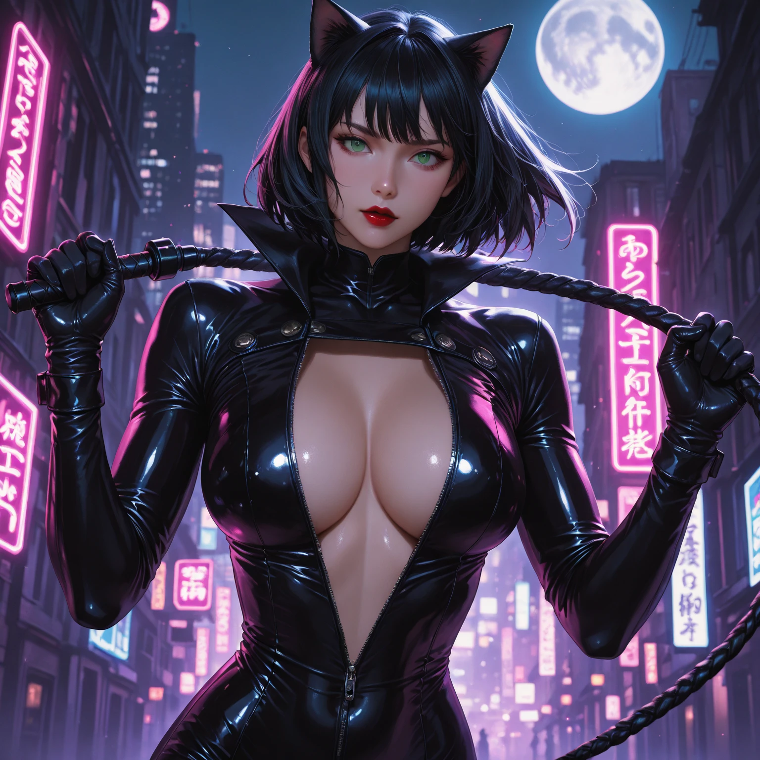 1girl,murasakishikibu, murasaki shikibu, brown hair, (purple eyes:1.1), long hair, big breast,black latex corset, black latex bodysuit,long latex sleeves, blakc latex trousers, purple belt, puffy sleeves, purple gemstone, sleeves past wrists, cone hair bun, double bun, hair bun, hair ornament, long hair, two side up,BREAK (masterpiece:1.2),(beautiful detailed eyes:1.6), black longboots, (perfect hands, perfect anatomy), standing