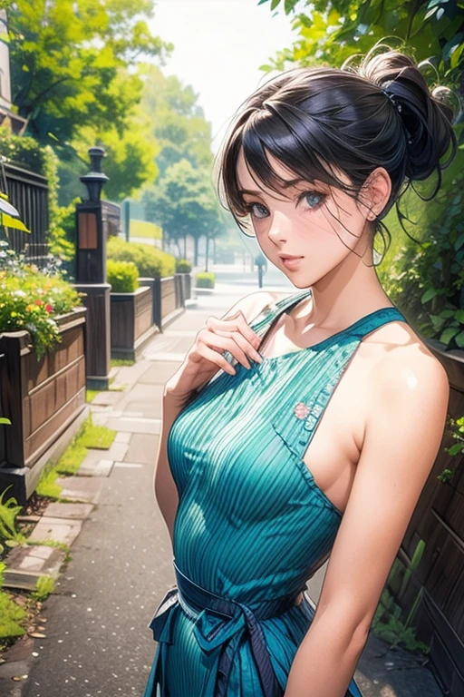 Pottery, Pencil painting of a Romanian city street, masterpiece,best quality,1girl,sexy, jungle and foliage, Shameless, Sosaku Hanga