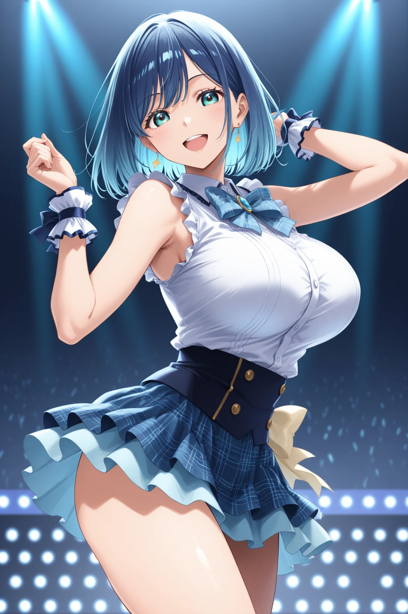 Ques, green hair, blue hair, short twintails, blue eyes, 13years old, (large breasts:1.3) , Live Stage, solo nipple