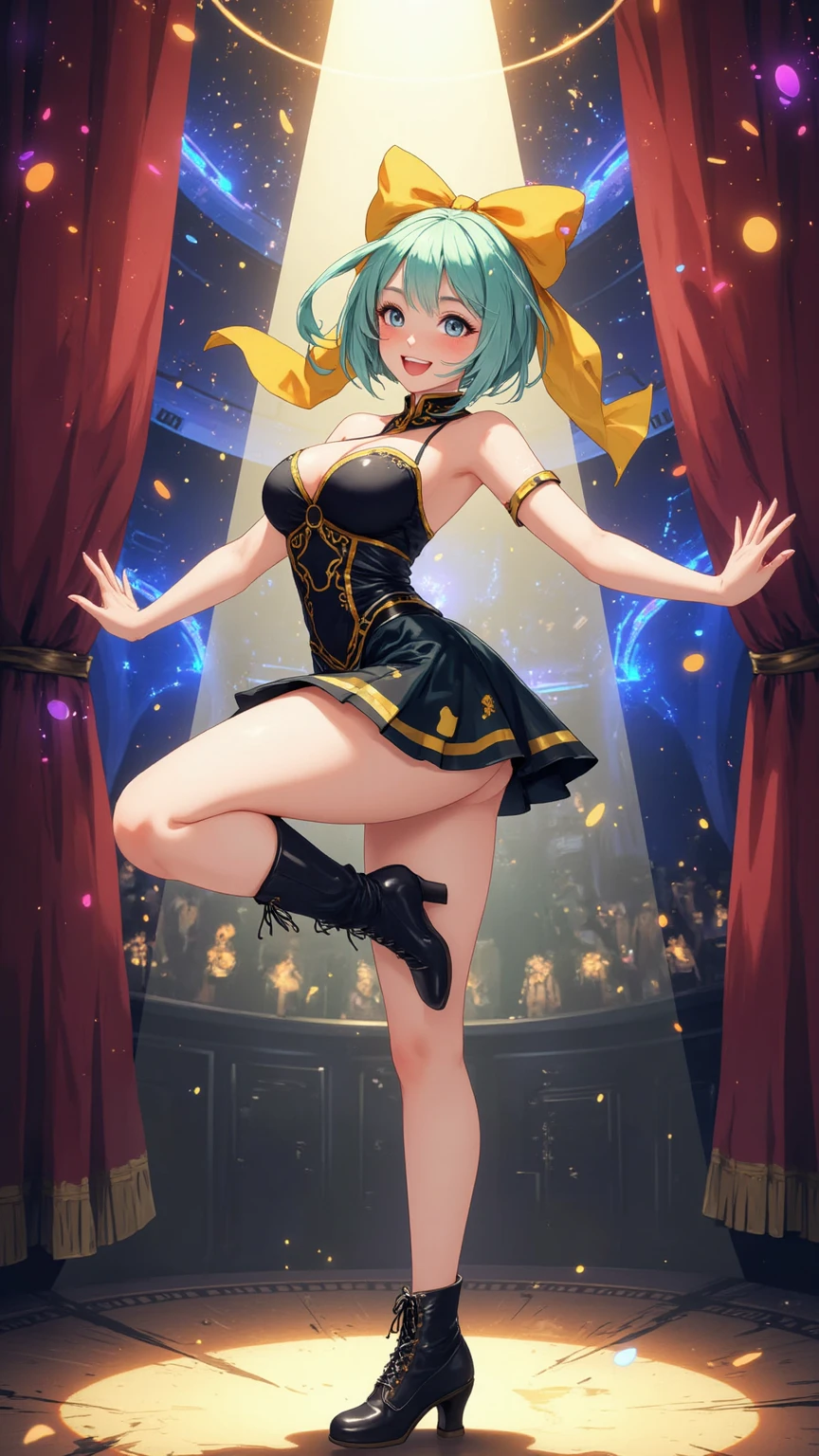 Highest quality,Highest Resolution,4K quality,Smiling beautiful girl,Full body close-up,Drink a glass of water,,Yellow-green eyes,Black hair ponytail,,Iridescent Bra,Iridescent underwear,High leg,Rainbow garter belt,Rainbow colored knee-high stockings,Dark bedroom at night,Purple bedding,Iridescent underwear,Standing posture,