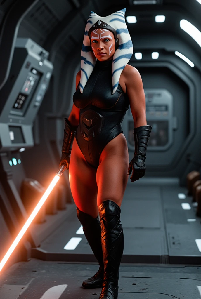 1girl, detailed, masterpiece,HDR, detailed sharp, best quality, solo, looking at viewer, illustration,comic style, large breasts, ahsokatano, red skin, orange eyes, facial mark, tattoo, pelvic curtain,black gloves,armor, choker, headset, lekku, toeless legwear, barefoot, holding lightsaber, spacecraft interior, spacecraft, space,