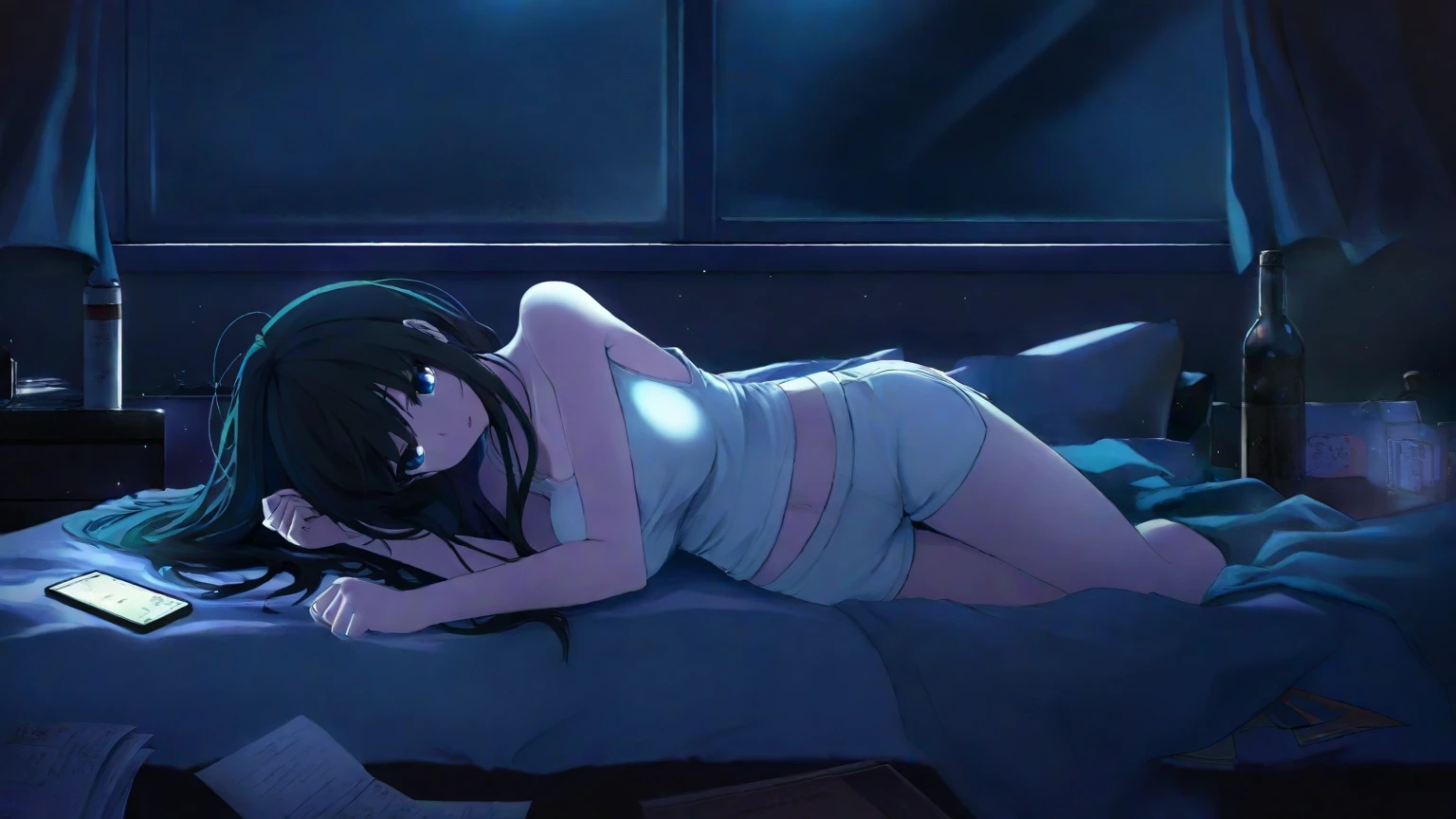 1girl, hatsune miku, loungewear, sleeping on sofa,

modernlivingroom, night, brown leather sofa, bookshelf, black coffee table, glass window with city lights, soft shadows, moody lighting,

 , detailed background, great lighting, 
masterpiece, best quality, newest, absurdres, highres, high quality, highly detailed

