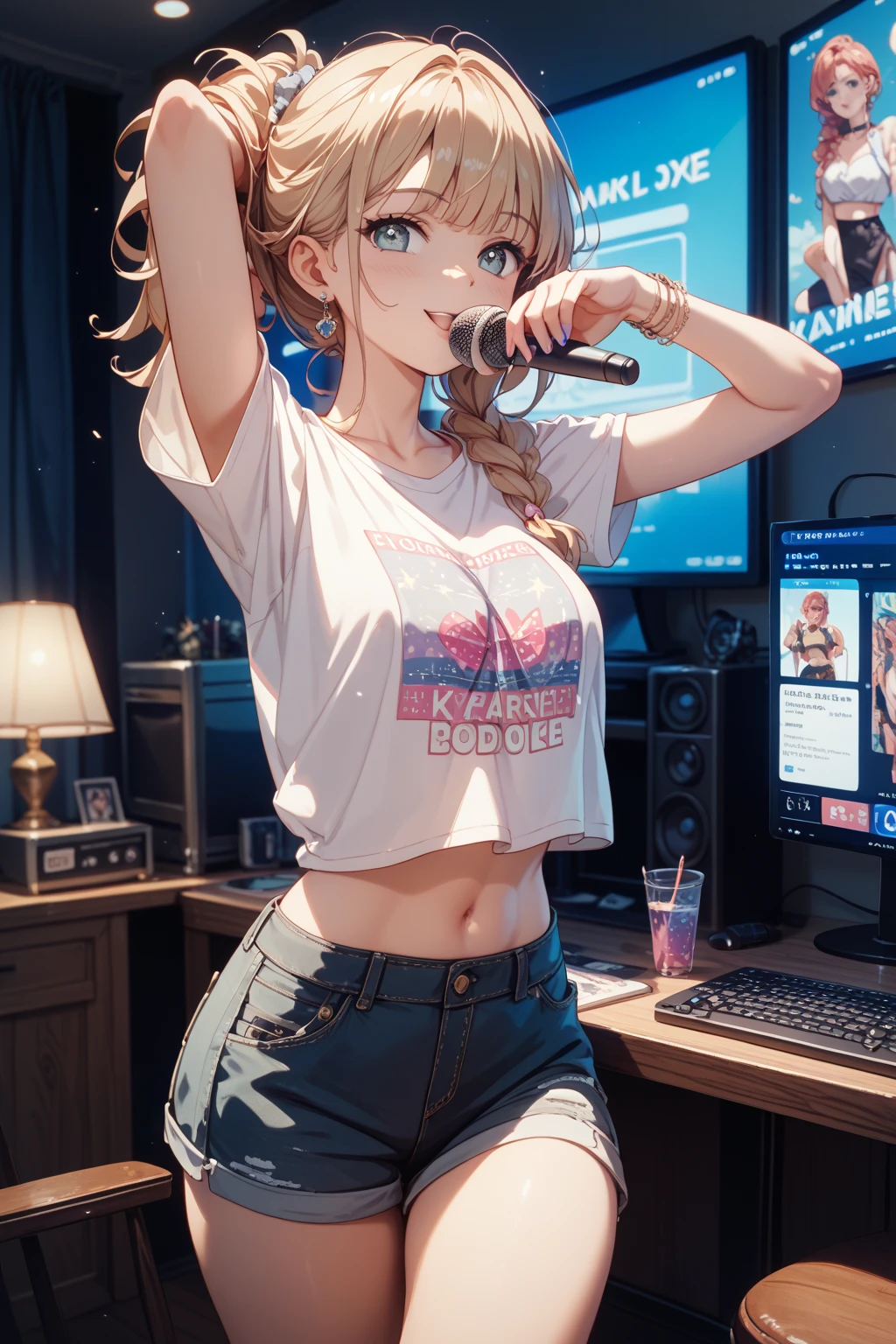 (masterpiece, best quality:1.4), ultra-detailed, soft light, natural lighting, cinematic light, film grain, (depth of field), (1woman, solo:1.4), mature woman, perfect female form, (perfect face, detailed face, glossy lips, eyeliner), short hair, blonde, (natural breasts), (white unbuttoned shirt, jeans, cleavage), (mixtape:1.4), (music store, discs, vinil, radio, amplifiers, speakers, headphones), (standing),