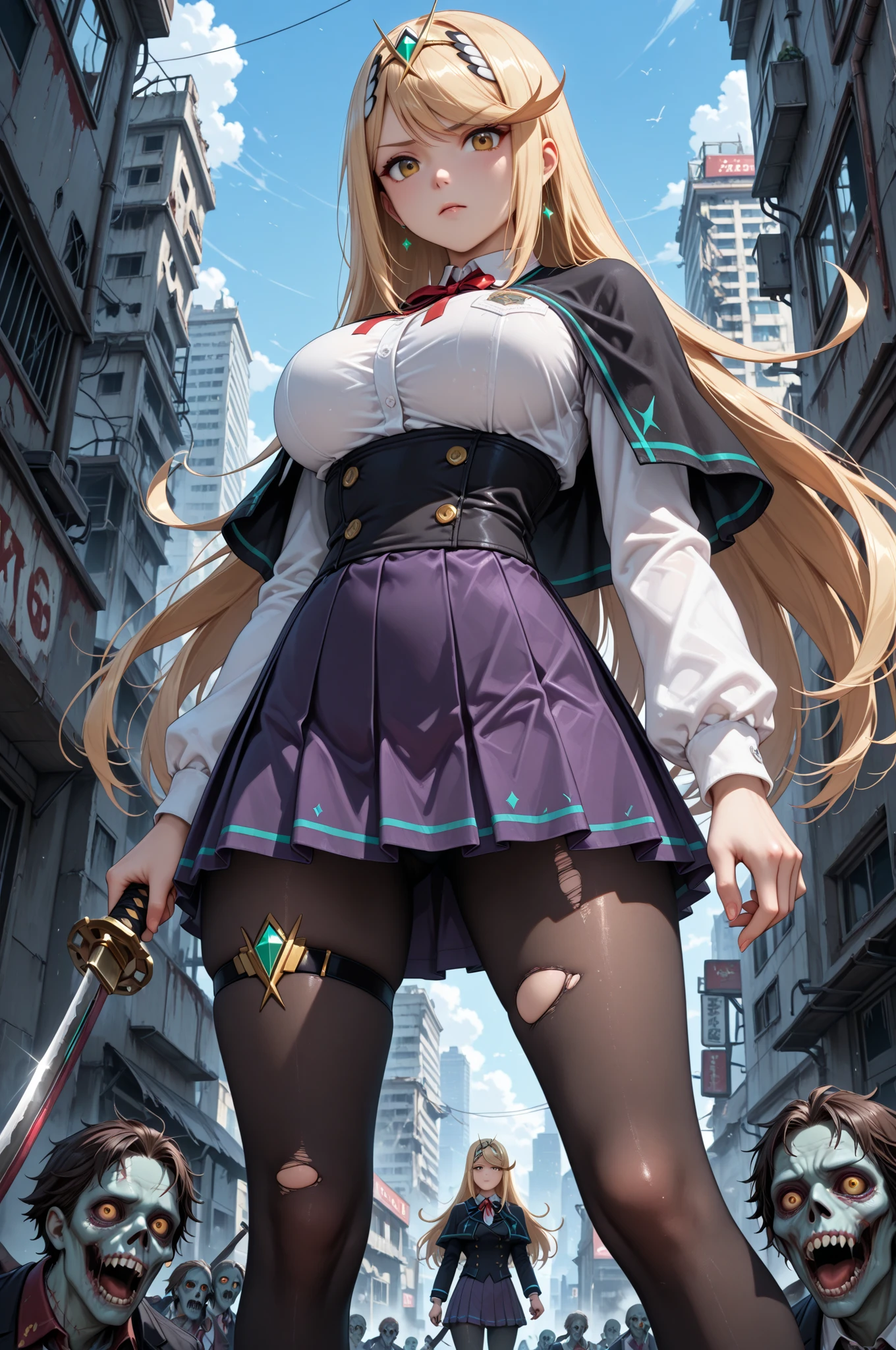 Super Detailed 8K CG, High School Girl, School Uniform, Perfect Face, Beautiful Face, Perfect Cute Face, Beautiful Girl, Big, Outdoor, Viewer, Beautiful Night View, Beautiful Thighs, Panties Are Visible, Panty Shot, Holding a Sword, Holding a Sword