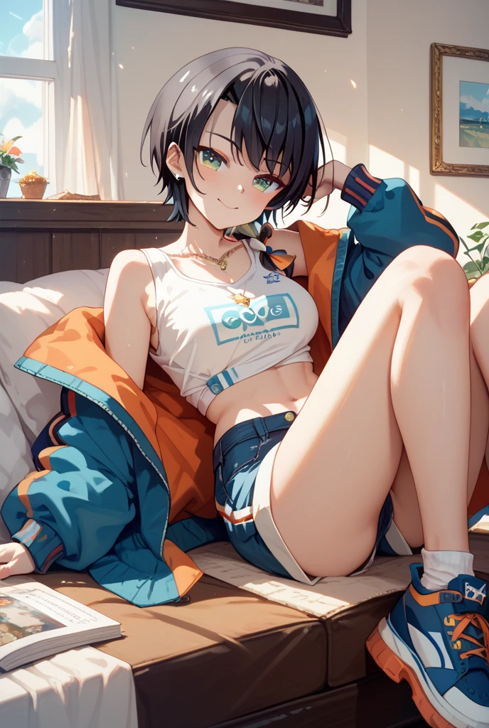 child,(masterpiece,Highest Quality),turquoise short sleeve hoodie,Crop Top Look,Plaid mini skirt,A dark-haired,carpet,World of toys
