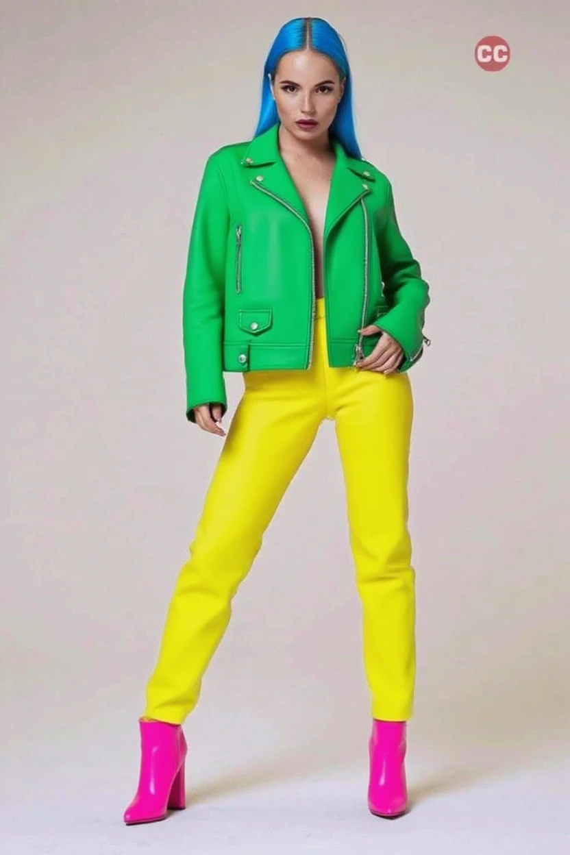 One girl, alone, White Background, Wattson, masterpiece, Very detailed, blue eyes, Blonde, short hair, Fluorescent green jacket, Rubber Gloss, White rubber skin suit, Yellow skateboard shoes, White pants, blush, Plain background