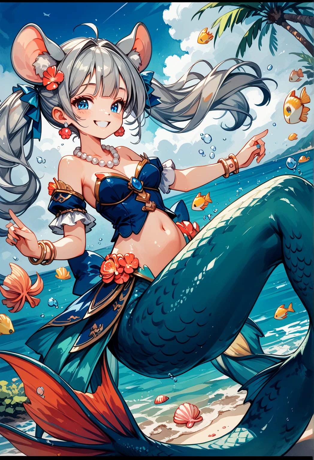 ((Masterpiece, Highest quality)), Detailed face, CharacterDesignSheet, full bodyesbian, Full of details, Multiple poses and expressions, Highly detailed, Depth, Many parts,Beautiful mermaid girl,Human fishtail,estilo fantasia,Extremely beautiful,High Balance, Natural light, Water ripples around, white hair, fish features, red eyes, gills, scales, sea shell hair ornament, red jewellery, happy, smiling, ((purple tinted skin)), blush, highlights, glossy lips, (((full body))), reference sheet, standing,, white background, no background