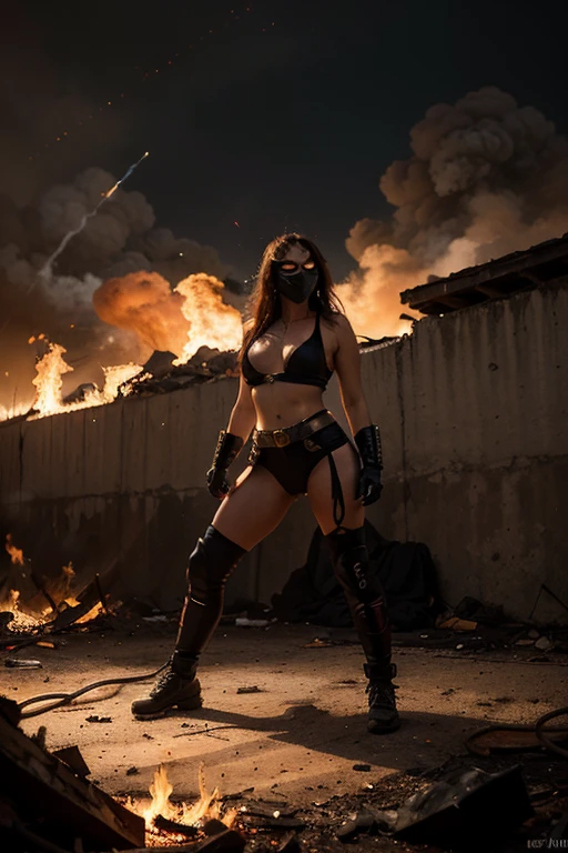 mujer fatal, traje bdsm rave, arnés, aprovechar, pelo de neón, constituir, wasteland leather armor, arnés, postapocalyptic abandoned twon background, crowded dark dancefloor, Destacar, [[Victoria Beckham]], [[Kate Beckinsale]], [[[Jenna Coleman]]], [[[[Karlie Kloss]]]], tetona, escote, abdominales, pelo de neón, fire, smoke, explossions, atomic bomb background, postapocalyptic theme