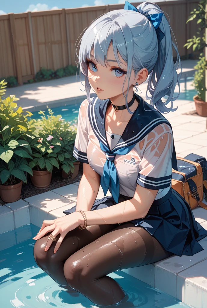 Cornflower art, dreamy, (masterpiece, top quality, perfect anatomy, beautiful face, realistic, super detailed, 1 girl, 18 ears senile, solo, depth of field, canon 24mm lens, f1.4, cute_girl, sailor_ collar, clear facial features, short sleeves, small breasts, slender stature, height 170, barefoot, double ponytail, bangs, gravure pose, outdoor, jungle, Blurred background, (Uwabaki: 1.1576)) Drenched all over body, clear liquid dripping from the crotch, the front of the shirt is exposed, the breasts are visible, transparent bra, light blue striped buns, NSEW.