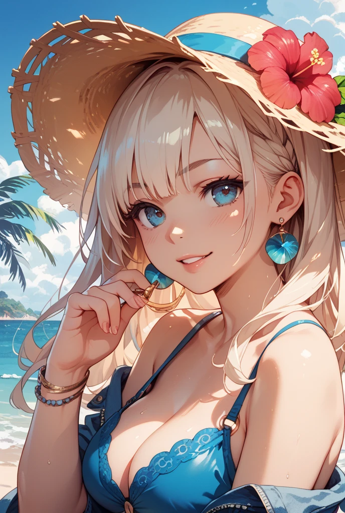 One girl, long tied brunette hair, smile, blue eyes, Wink, View your viewers, Wearing a bikini, flower straw hat, (Beach), (sunset), evening, masterpiece, 8K, Perfect lighting, The perfect outfit, Perfect Anatomy, Perfect Eyes, Perfect Face, Sharp resolution, (Face close-up)