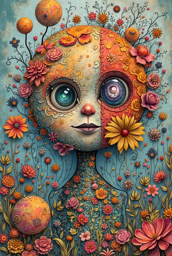 Children's graffiti,Thick coating，Concave and convex texture，Oil pastel strokes：Skeleton、flowesh、Tentacles、bird、Eye、diatom，Abstract mosaic painting，Describing the inner world of autistic people，Sense of space，White Space，interesting，Innocence，Psychedelic Art，Orange overall