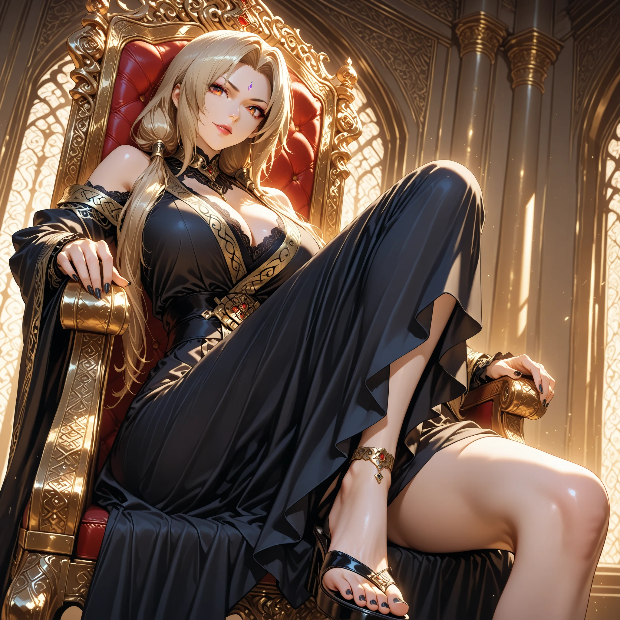 1 girl, young, beautiful, slim build, blond hair, small breasts, dark green eyes (detailed), dark dress (dark tones), closed dress, tight dress, dress with gold regalia (detailed), gloves on hands, black gloves, thick gloves, golden crown on the head, without crown, lying, lying on the floor, lying on a pillow, stone floor, gothic architecture, marble columns, rich fireplace (background),  Dark background, dark atmosphere, evening, beautiful smile (high detail).