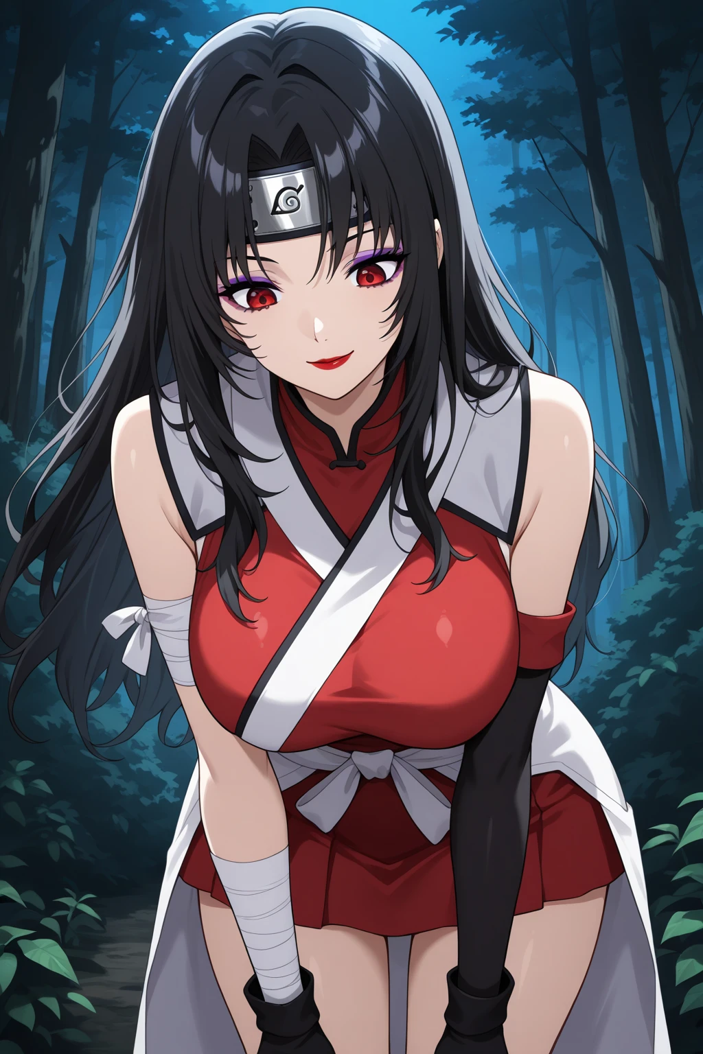 nar_kurenai_yuhi，Forehead protection，bandagens，full bodyesbian，red eyes，wariza，Off-the-shoulder attire，cleavage，little breast