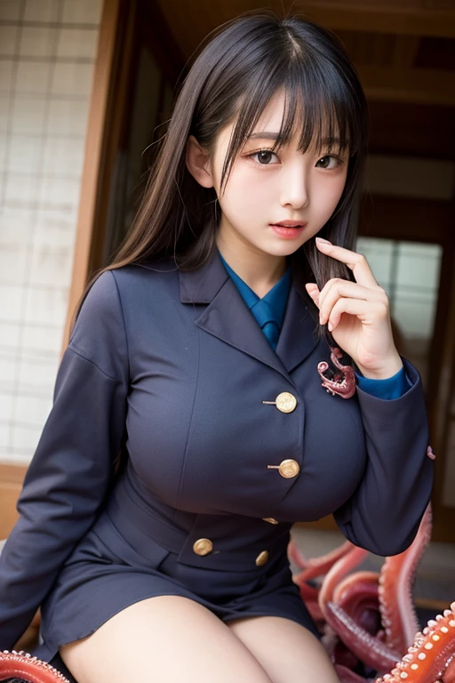 Highest quality、Photorealistic、8K、High resolution、1 girl、woman、(Skin dents)、(Professional Lighting)、(Torn uniform:1.5)、Gorgeous、((Looking at the viewer:1.6))、Cat ear、Big Breasts、((Bursting Busty :1.3))、RAW Photos, Black Hair, Shiny skin, Wet body