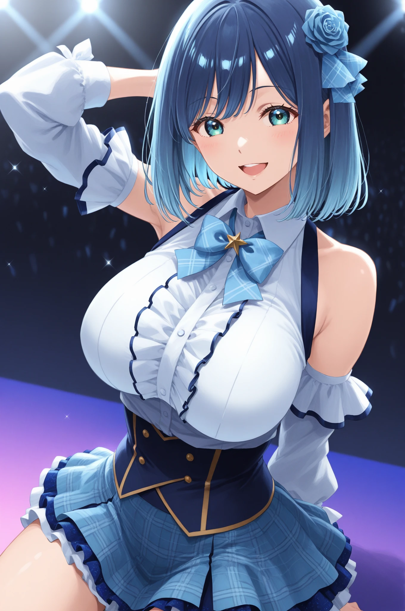 Ques, green hair, blue hair, short twintails, blue eyes, 13years old, (large breasts:1.3) , Live Stage, solo nipple