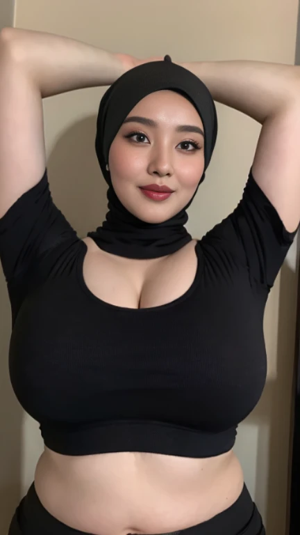 (Realistic) ((Hijab)) (real mature face) 62 Years old fat Indonesian mature woman, no makeup, sexy curvy, (sexy chubby body shape), Big : 34.9,, (wide cleavage), professional photography with excellent lighting