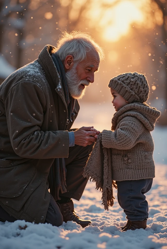 On a snowy road、An old man helps a boy up after he falls。The old man holds out his hand with a kind expression、The boy looks up at the old man in amazement.。In the background、The snow continues to fall quietly、A quiet streetscape is depicted。