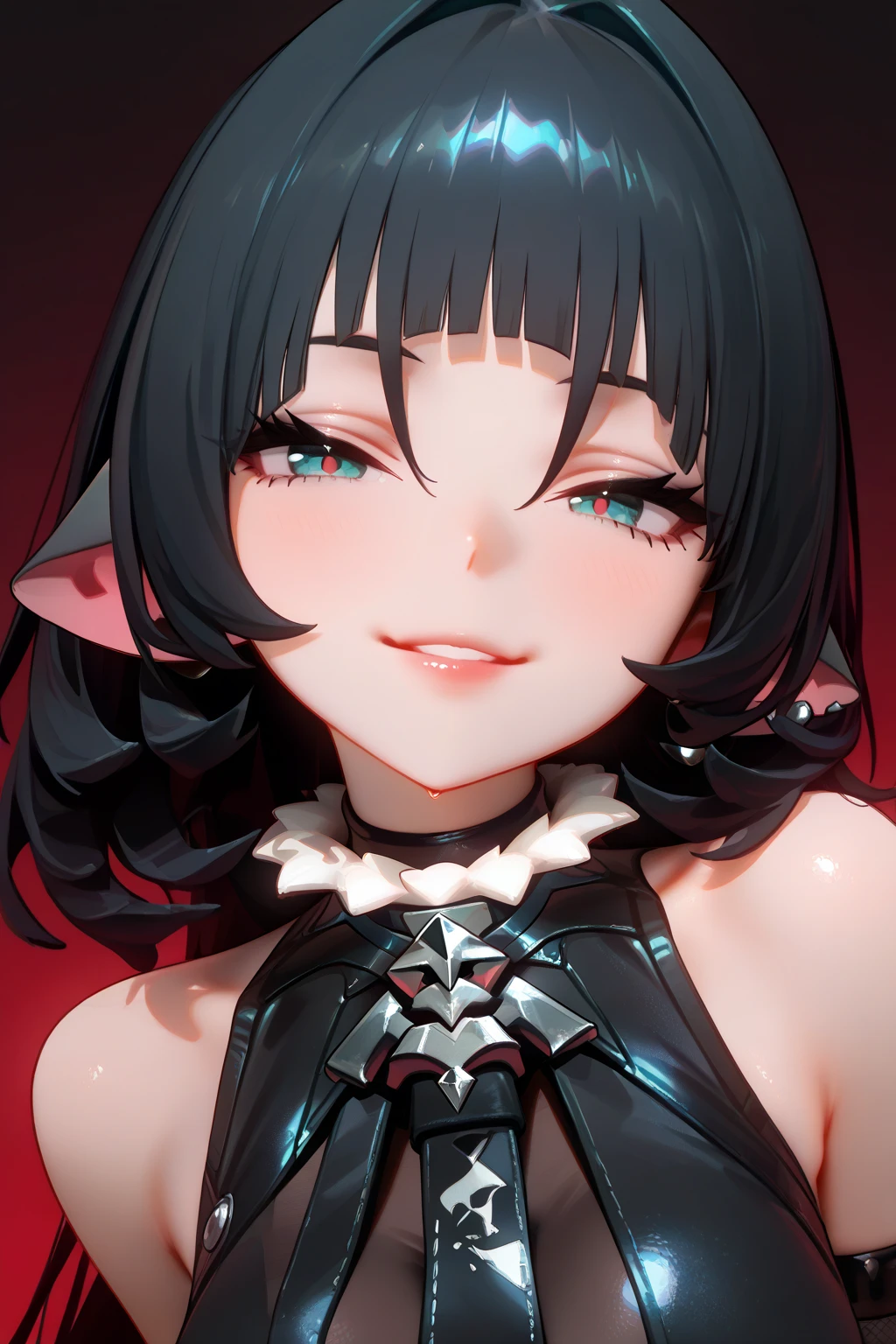 8k, masterpiece, highest quality, best quality, official art, beautiful and aesthetic, extremely detailed, (fractal art: 1.3), colorful, highest detailed, perfect face, upper body, HDR, sexy, wide hips, thicc figure, Detailed face, Detailed eyes, red eyes, perfect face, perfect eyes, ( 1elf, 1 female elf, 1girl, trans, futa, futanari, big ass, slim waist, pretty face, long white hair, sharp jawline, he is sexy, she is beautiful, she has black eyeliner, he has makeup, she has a girly face, she is tanned, she has big , she is blushing, she wears blush, hips wider than shoulders, slim torso, black lipstic, e-girl makeup, blushing, pretty, sharp jawline, red eyes, cute, thigh high socks, goth clothes, black skirt, black crop top, black lipstick, black eyeliner, cute smile, Goth, goth priestess, RAVEN, goth makeup, goth clothes, white hair, wolf cut, bulge, bulge in underwear, genitalia outline, penis bulge, bug julge in pants