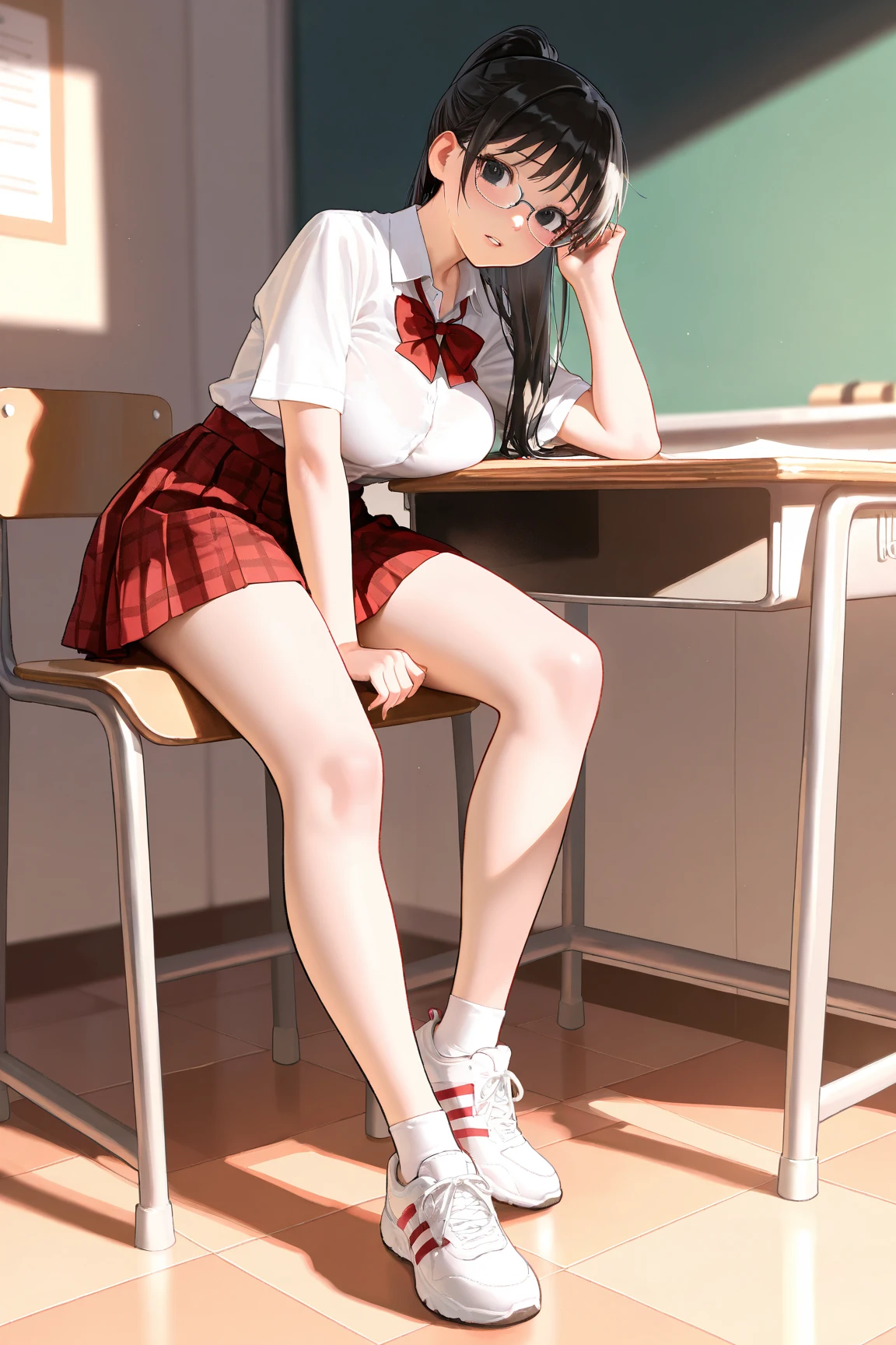 Masterpiece, Best Quality, Ultra Detailed, Illustration, Colorful, FAQ Color, Depth of Field, Lens Glow, 1girl, Anime, Seated, Brunette Look, School, Classroom, Pleated Miniskirt, School Uniform, Serafuku, White Pantyhose, Delicate Skin Texture, Delicate Fabric Texture, Nice and Meticulous Face,