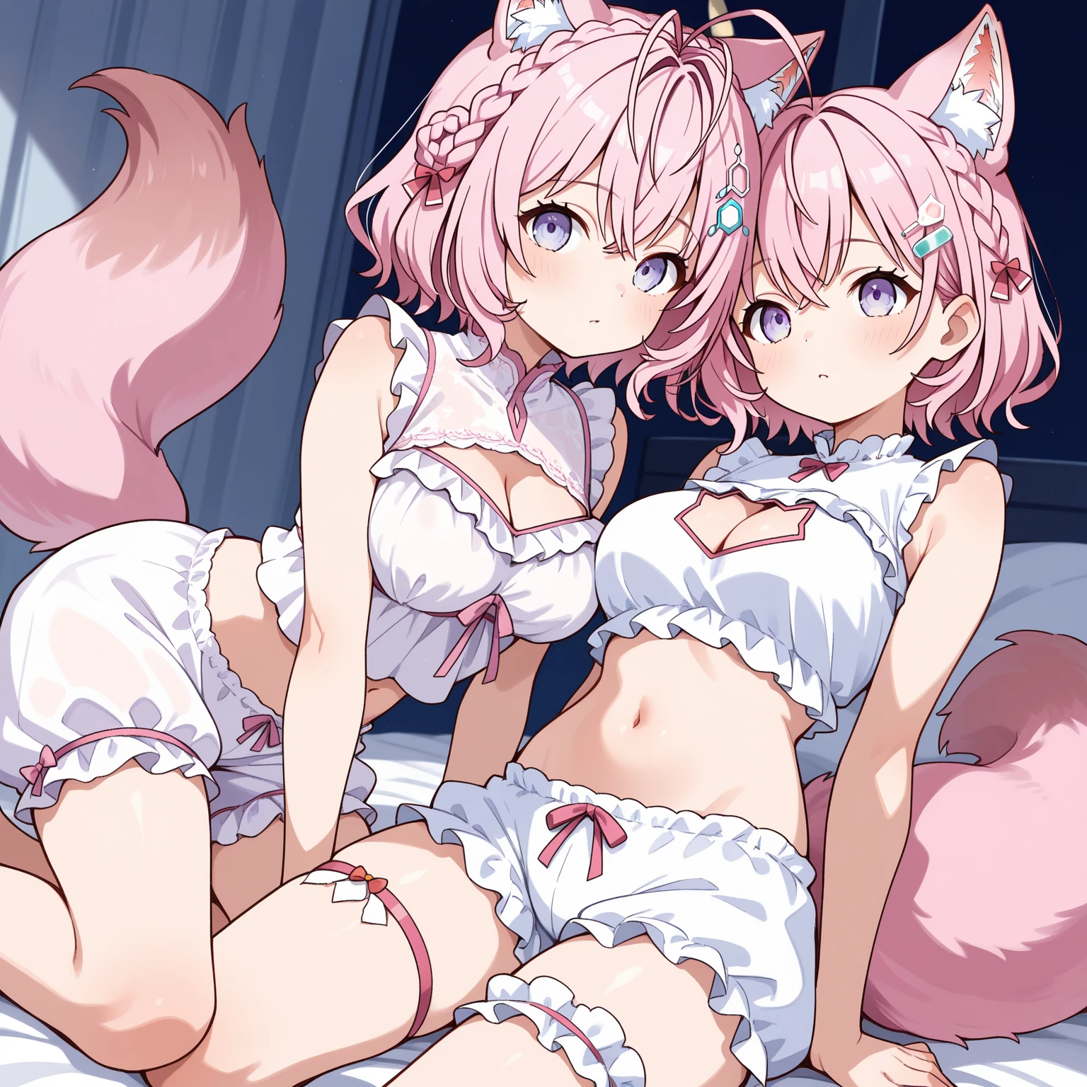 A painting of a woman with pink hair and cat ears, portrait of ahri, ahri, beautiful anime catgirl, seraphine ahri kda, Very beautiful anime cat girl, ahri from league of legend, anime in fantasy style, pink twintail hair and cyan eyes, anime catgirl, beautiful anime art style, cute anime catgirl