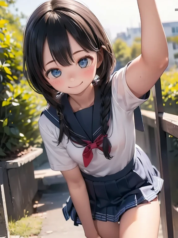 having a blue balloon , full body, real photo, 11 years old girl, twin tails, looking down at me, Shorts