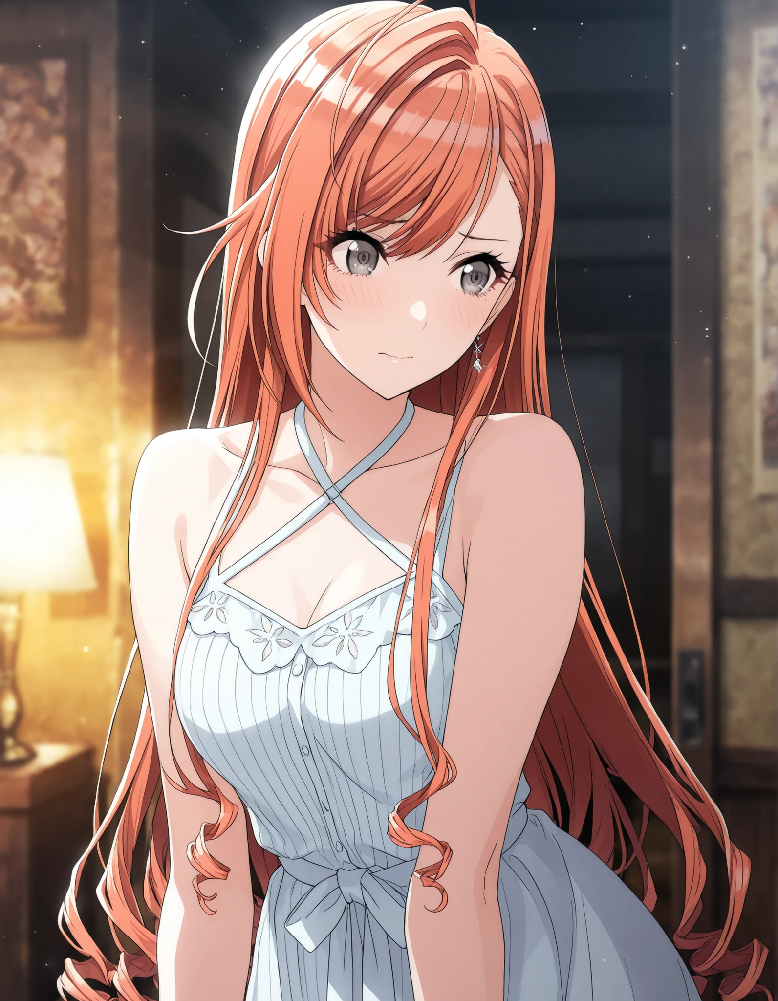 (masterpiece),(best quality),(ultra-detailed),(best illustration),((cinematic light)),(absurdres),(detailed background),(very aesthetic),arisugawa natsuha, 1girl, solo, orange hair, medium hair, ahoge,(hair down), swept bangs, (straight hair:1.5), gray eyes, small breasts, anime screencap, halterneck, summer dress, (aged up), light embarrassed, , ,