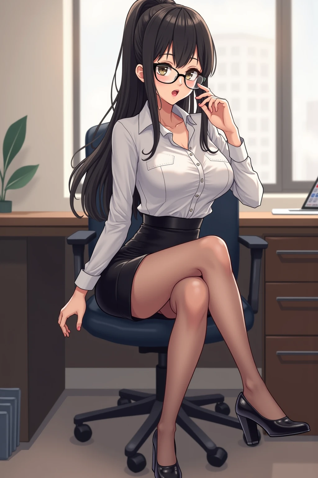araffe office lady in a tight black dress is looking at her cell phone, sat at her desk, in the office, furious dark haired women, on a desk, looking hot, gorgeous female jade tailor, in an office, mid body shot, huge office, brittney lee, lorena avarez, profile shot, liana, close full body shot