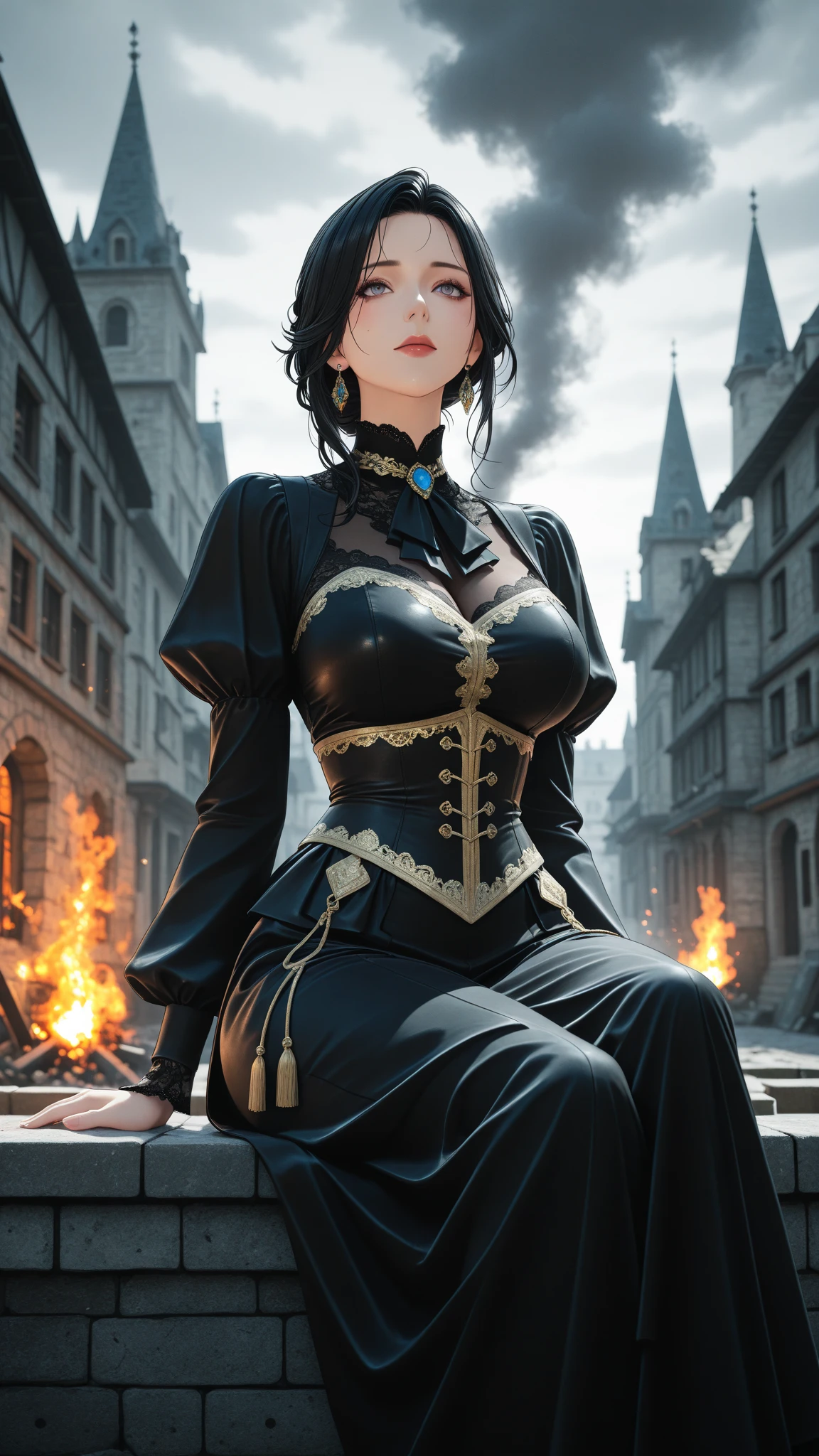 masterpiece, best quality, highres, hm2b, black blindfold, covered eyes, mole under mouth, clothing cutout, long sleeves, puffy sleeves,  juliet sleeves, feather trim, black thighhighs, black gloves, black dress, black skirt, outdoor, grass, building, ruins, field, standing, cowboy shot,